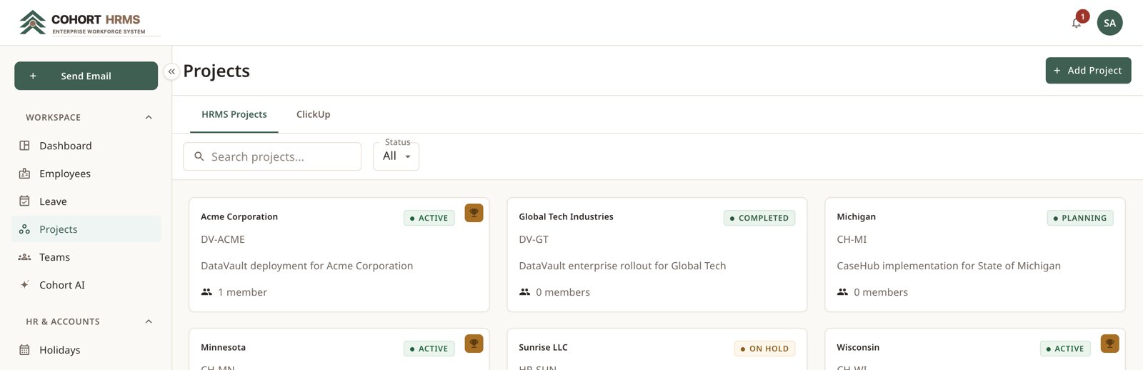 Projects — status, project code and allocated headcount.