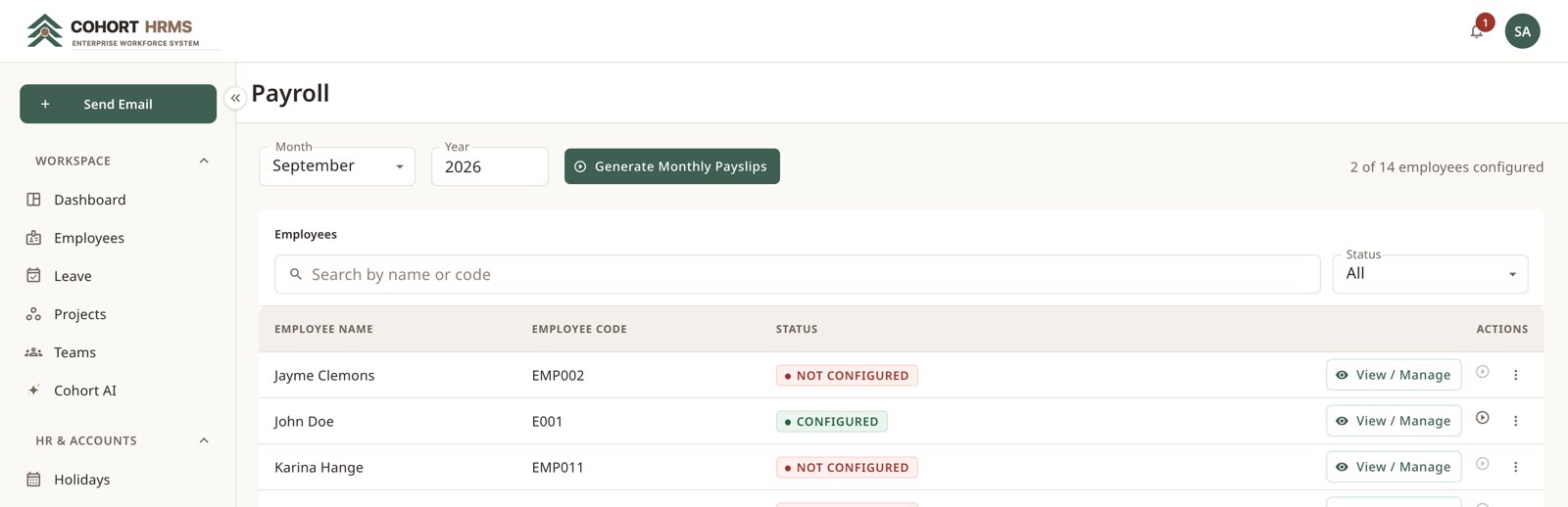 Payroll — per-employee status and one-click monthly generation.