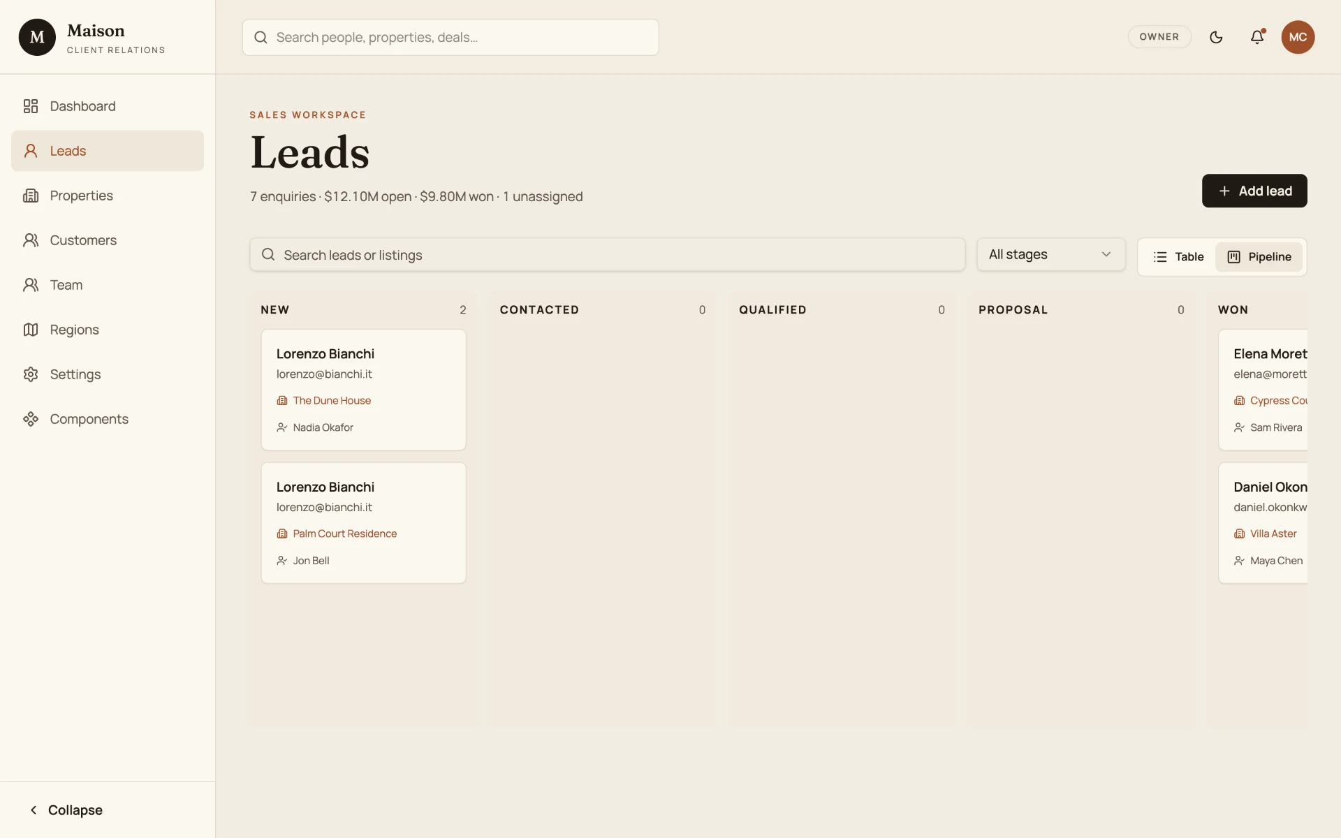 Maison CRM drag and drop property sales pipeline