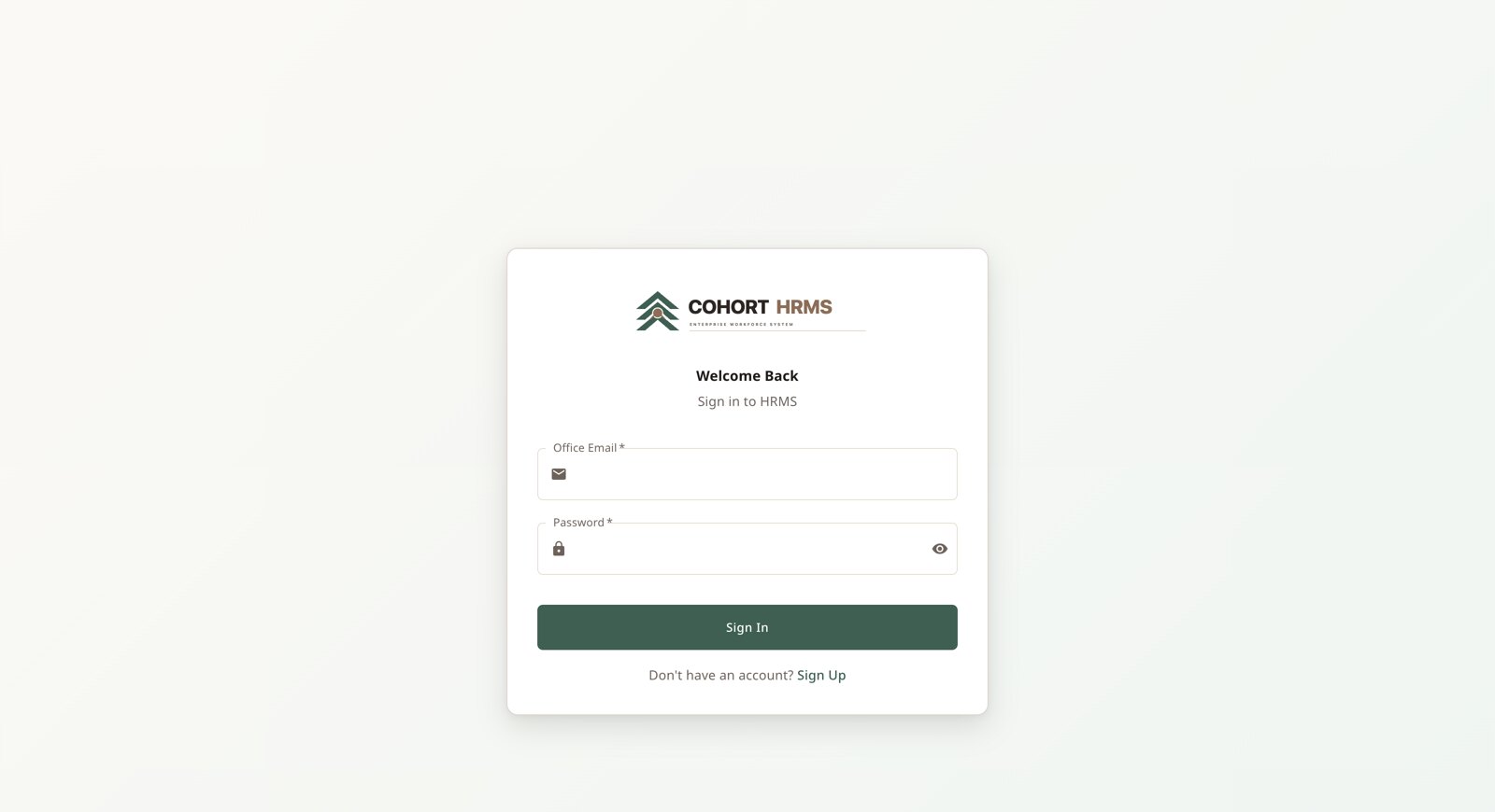Sign in — office email as the identity, with token-based sessions.