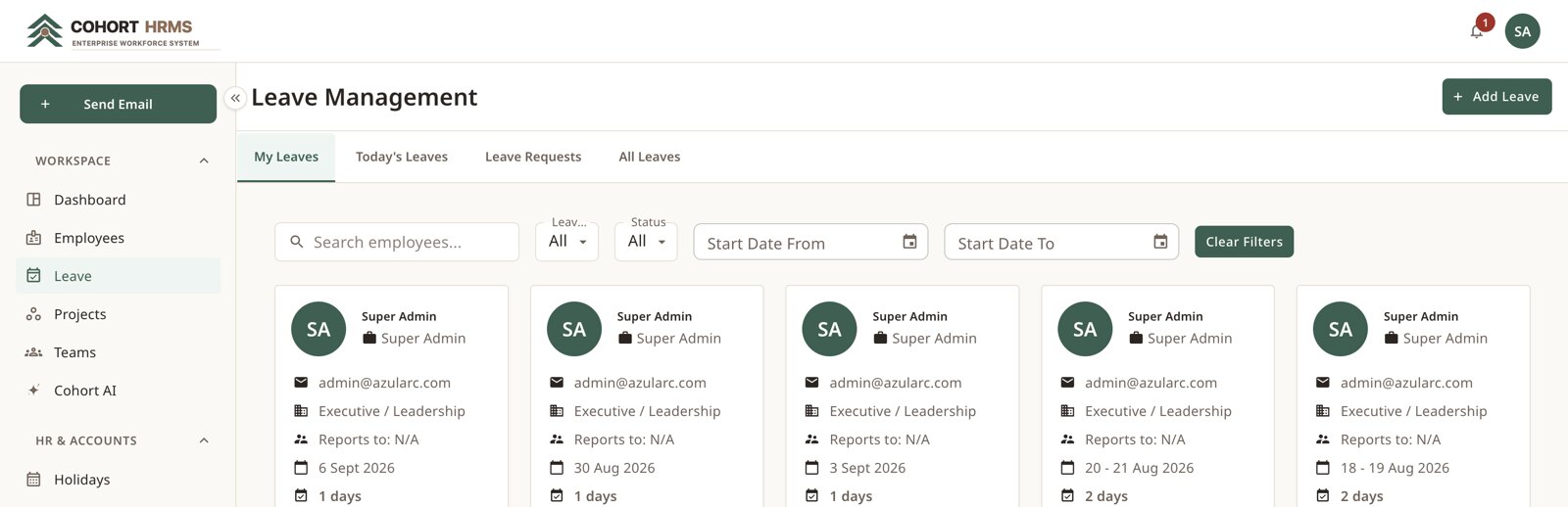 Leave management — type, dates, duration and status, with approval actions inline.