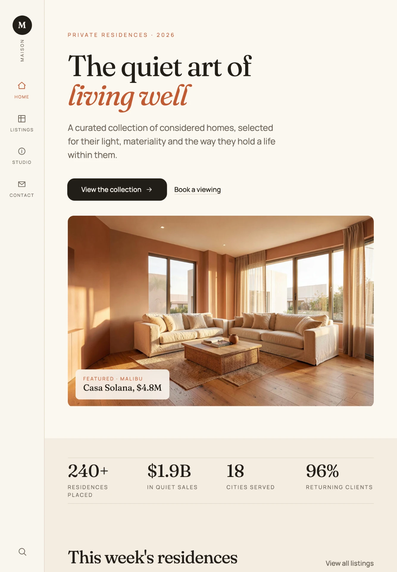 Maison property website homepage with featured real estate listings