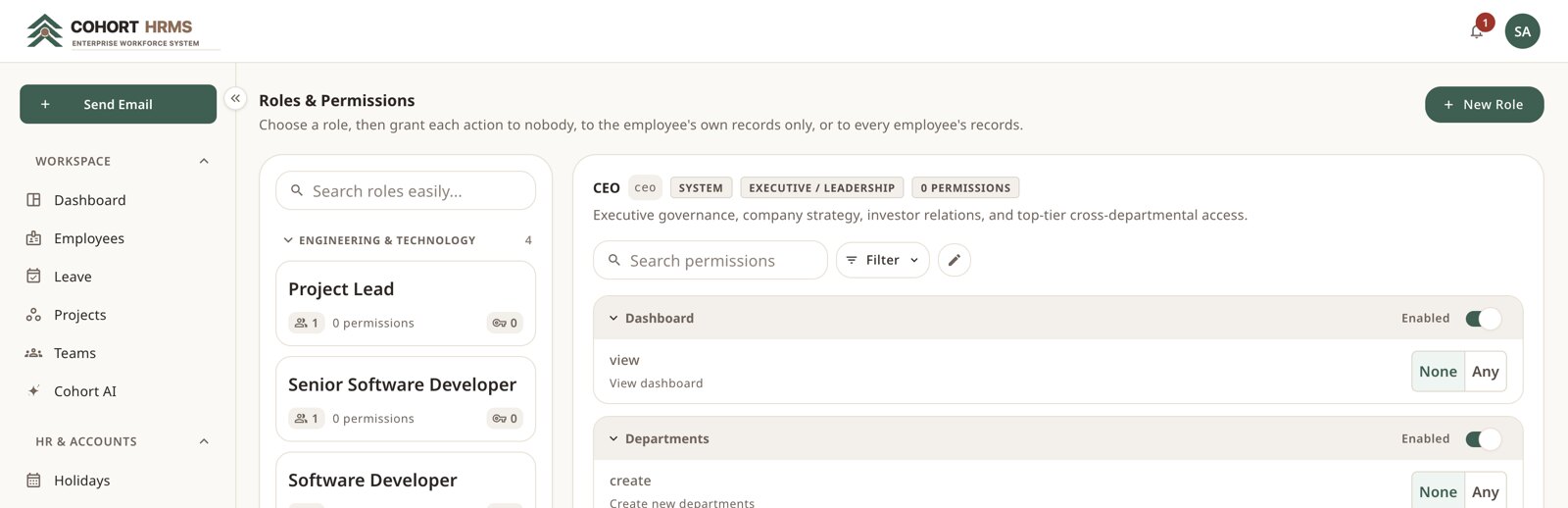 Roles & permissions — module switches and per-action scopes.